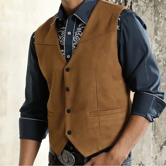 PJ Paul Jones Mens Faux Suede Western Cowboy Dress Vests with Pockets - Picture 3 of 5